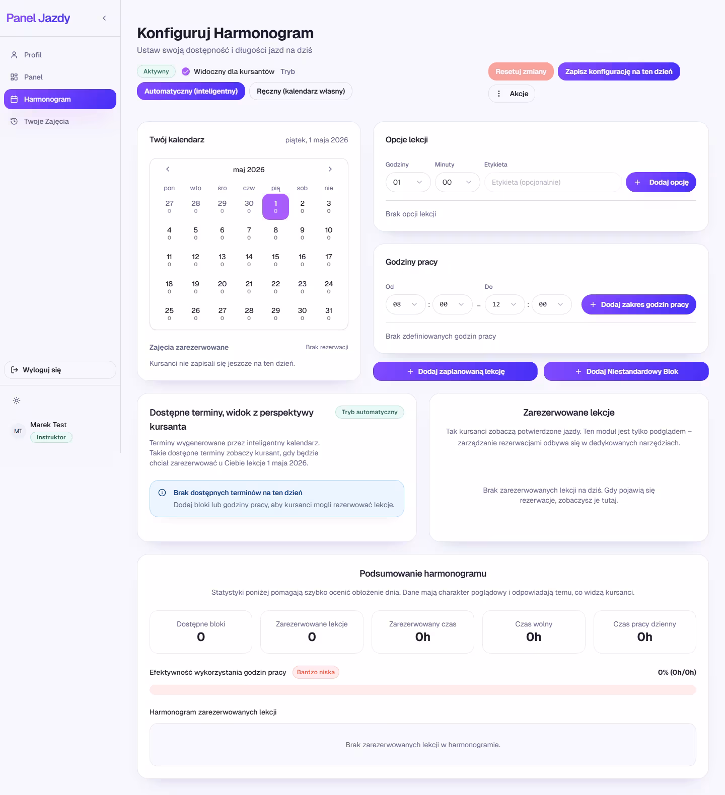 Grafik instruktora w Panelu Jazdy z dostępnością i zaplanowanymi lekcjami